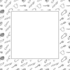 kitchen utensil frame. doodle kitchenware square frame. kitchen background