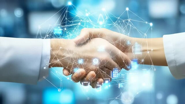 Digital collaboration, partnership, and future business.  Hands shaking, digital icons connecting them - Powered by Adobe