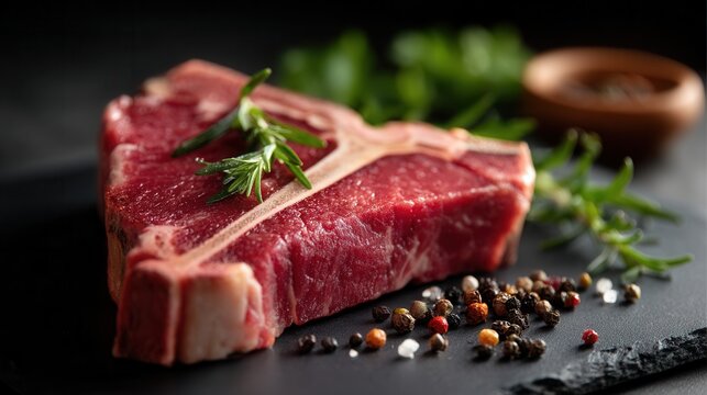 Appetizing raw t-bone steak with herbs on dark surface - Powered by Adobe