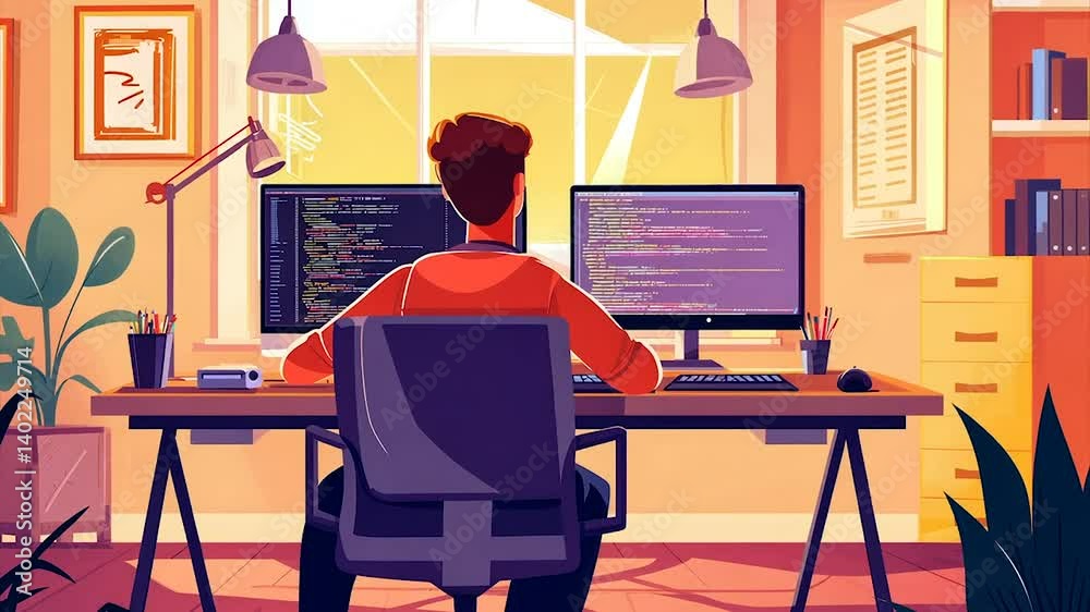 Wall mural coder working at home office with dual monitors displaying code