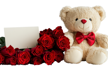 Teddy Bear with Roses and Blank Card: A cuddly teddy bear wearing a red bow sits beside a vibrant bouquet of red roses, ready to deliver a special message with a blank card.