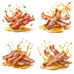 Bacon splashing, yellow mustard sauce, isolate on white background. Collection.