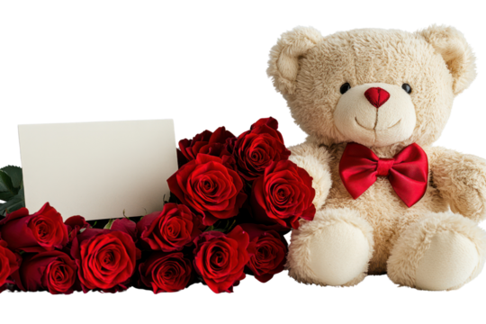 Teddy Bear with Roses and Blank Card: A cuddly teddy bear wearing a red bow sits beside a vibrant bouquet of red roses, ready to deliver a special message with a blank card.