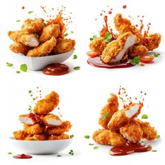 Crispy chicken strips splashing, tomato ketchup, isolate on white background. Collection.