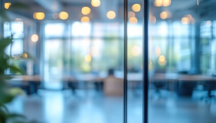 Abstract Blurred Office Interior: Modern Workspace with Glass Walls and Soft Lighting