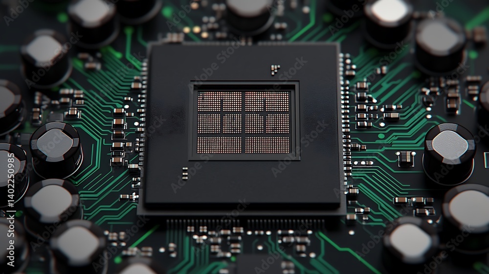 Poster close-up of a microprocessor on a circuit board, showcasing intricate details and electrical compone