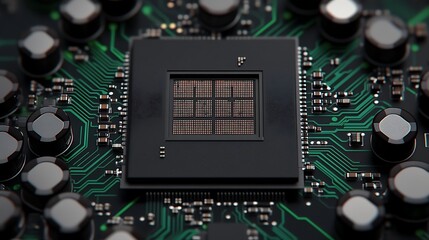 Fototapeta premium Close-up of a microprocessor on a circuit board, showcasing intricate details and electrical components