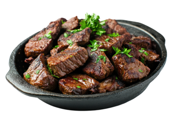 Sizzling Beef Cubes: Juicy, savory beef cubes, perfectly seared and seasoned, are arranged in a rustic cast iron skillet, ready to be enjoyed.