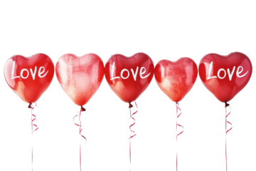 Love Balloons: A captivating array of vibrant, heart-shaped balloons, each proudly displaying the word "Love", floats gracefully, embodying the essence of affection and romance.
