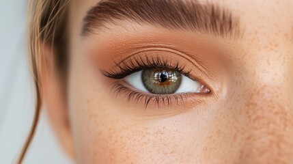 Obraz premium Close-up of a beautiful eye with natural makeup highlighting detail and color at a beauty studio during daylight