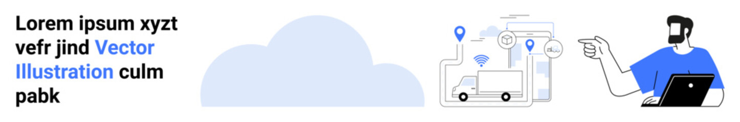 Delivery truck connected to cloud via location markers, man using a laptop. Ideal for logistics, technology, business, analytics, shipment tracking, e-commerce platform, flat landing page banner