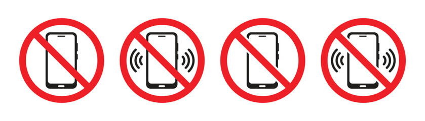 Set of vector icons warning turn off phone or silent phone mode. Vector illustration