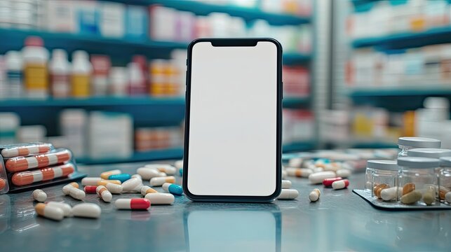 A photograph of a smartphone is displayed on a table surrounded by pills behind a pharmacy.