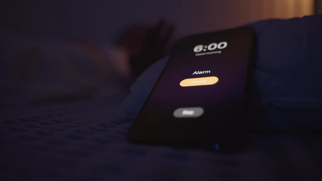 Smartphone with Ringing 6 AM Alarm on Pillow While Woman Reaches to Turn It Off in Dark Room, Close-Up Low Angle, Sleepy Morning Concept