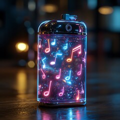 Floating music notes inside luminous glass bottle high resolution picture