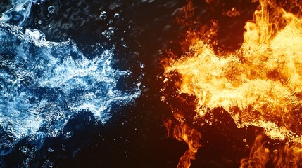 Fiery flames clashing with icy water on a dark surface