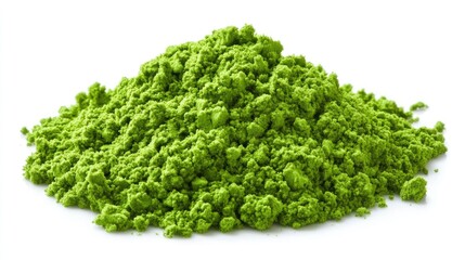 Photo of bright green matcha powder, isolated frame on white background.