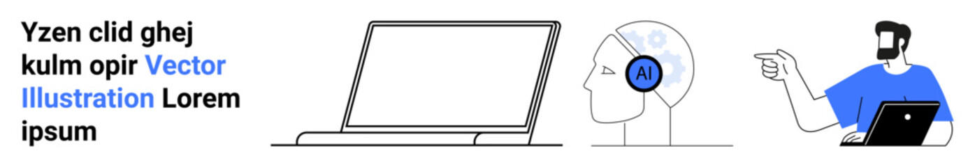 Laptop, human head with AI headset, and man presenting using a laptop. Ideal for technology, AI, education, teamwork, remote work, digital innovation flat landing page banner