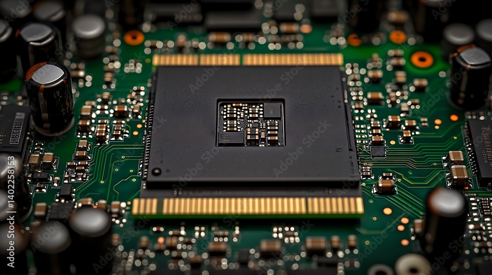 Aufkleber close-up view of a computer circuit board featuring a central processing unit amidst electronic comp