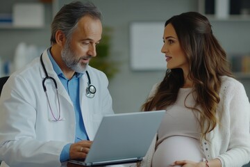 Male gynecologist doctor using laptop computer and talking to pregnant European woman at hospital. Pregnancy, medicine, healthcare concept, Generative AI