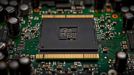 Obraz premium Close-up view of a computer circuit board featuring a central processing unit amidst electronic components