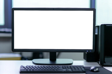Fototapeta premium Modern workspace with computer and lamp in daylight office, minimal interior setup, generative AI