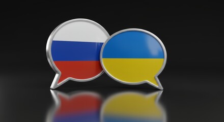Fototapeta premium Dialogue and diplomacy concept: Russia and Ukraine flags in speech bubbles