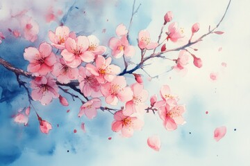 Delicate Pink Cherry Blossoms Watercolor Painting Spring Flowers Nature Art,