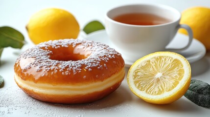 Lemon-glazed donut with tea and lemon slices