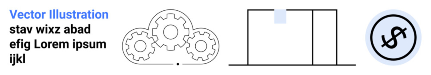 Three interlocking gears, minimal bar chart with trend line, and circular money icon. Ideal for business, finance, automation, productivity, planning, strategy technology simple landing page