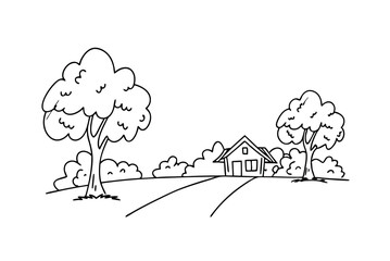 Minimalist Drawing Of Countryside House Scene With Trees And Bushes