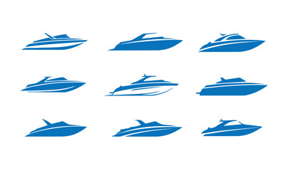 Unique motorboat silhouette collection in modern styles perfect for graphic designers or boating enthusiasts seeking fresh visuals

