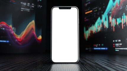 Smartphone with blank screen in dark room with glowing data charts around it.