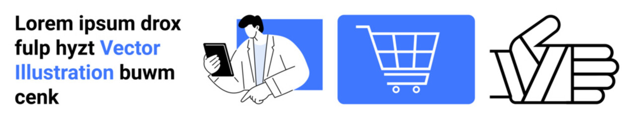 Businessperson with tablet, shopping cart, and approval hand gesture. Ideal for e-commerce, customer feedback, online retail, business analysis, digital tools, marketing simple landing page