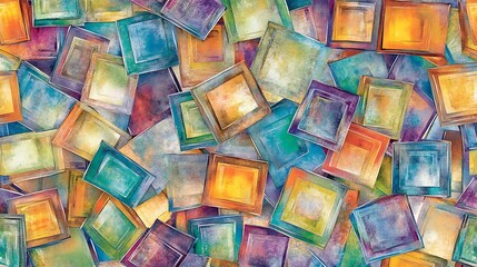Fototapeta premium Colorful abstract artwork featuring layered square shapes in vibrant hues creating a dynamic visual