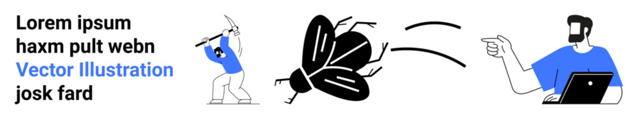 Person attacking large bug with pickaxe, another holding laptop calmly observing. Ideal for teamwork, challenges, problem-solving, cybersecurity, digital issues, resilience, flat landing page banner