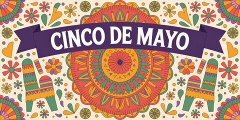 Cinco de Mayo festive banner with colorful flowers and donkey shapes, perfect for celebrations and events, vector illustration.