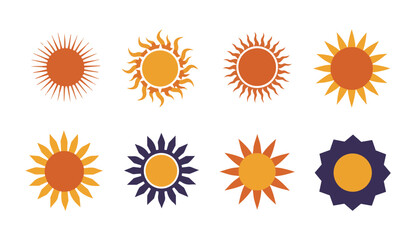 Elegant design-focused sun icons featuring unique ray styles ranging from wavy to pointed showcasing creative variations in warm cool colors

