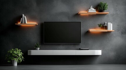 Modern minimalist living room interior with TV, shelves, and plants.