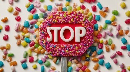 Colorful candy stop sign surrounded by assorted sweets on a bright surface, evoking fun and playfulness