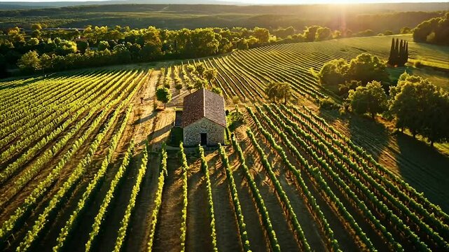 Sunlit vineyard with a stone house at golden hour