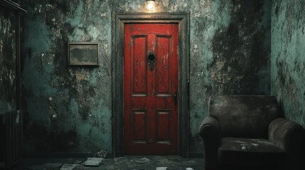 Haunted hallway with a red door, peeling paint, and vintage furniture.