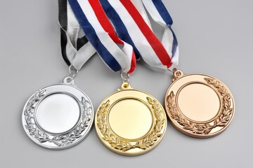 Awards medals displayed on ribbons, shiny gold silver bronze medals with vibrant colored ribbons, symbolizing achievement and success.