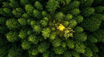 Naklejka premium Dense forest green canopy aerial view one yellow tree