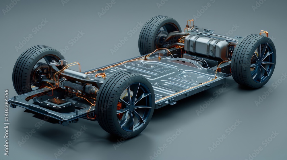 Poster 未来の電気自動車シャーシ構造のクローズアップビュー 現代的デザインとテクノロジーのコンセプト 暗い背景に金属と回路の複雑な配置