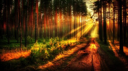 Obraz premium Golden sunlight streams through a pine forest path.