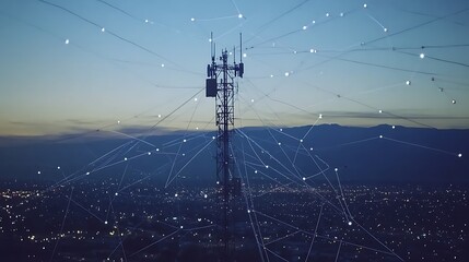 Communication tower at dusk surrounded by city lights and a network of connections in the sky