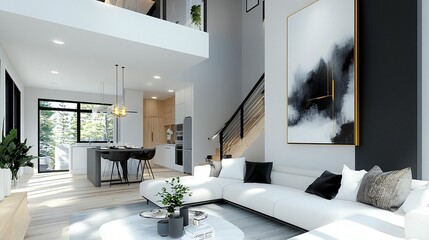 Modern open-plan living room with high ceilings, large windows, white sofa, and minimalist decor.