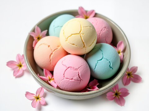 A colorful arrangement of pastel bath bombs in a ceramic bowl surrounded by delicate pink flowers creates a serene and calming atmosphere perfect for relaxation and wellness routines