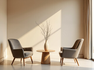 a cozy interior design showcasing two stylish chairs and a minimalist table, ideal for relaxation and reflection in a modern living space with natural light streaming through a window